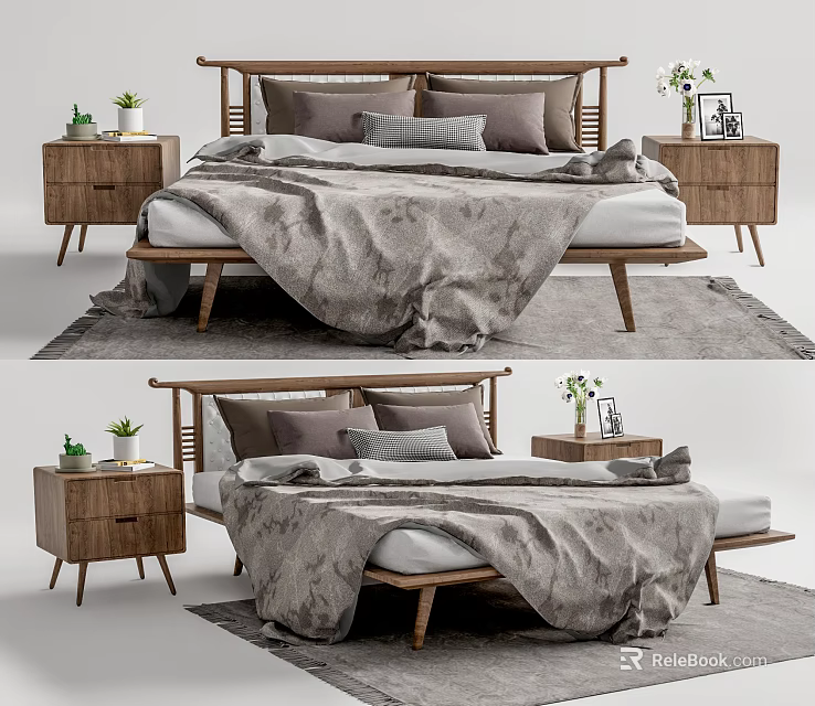 Modern Double Bed with Wooden Headboard Bedside Tables and Potted Plants in Bedroom 3d model 