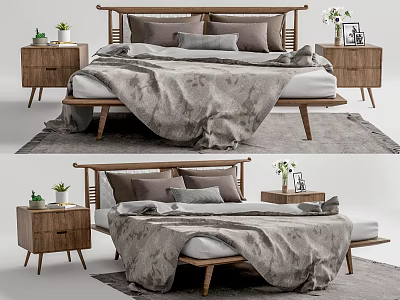 Modern Double Bed with Wooden Headboard Bedside Tables and Potted Plants in Bedroom 3d model