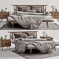 Modern Double Bed with Wooden Headboard Bedside Tables and Potted Plants in Bedroom