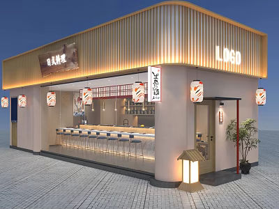 Japanese Izakaya Restaurant Exterior With Wooden Facade Lanterns And Bar Counter 3d model