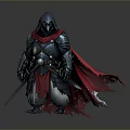 Hooded Man in Armored Attire with Flowing Red Cape Holding Sword