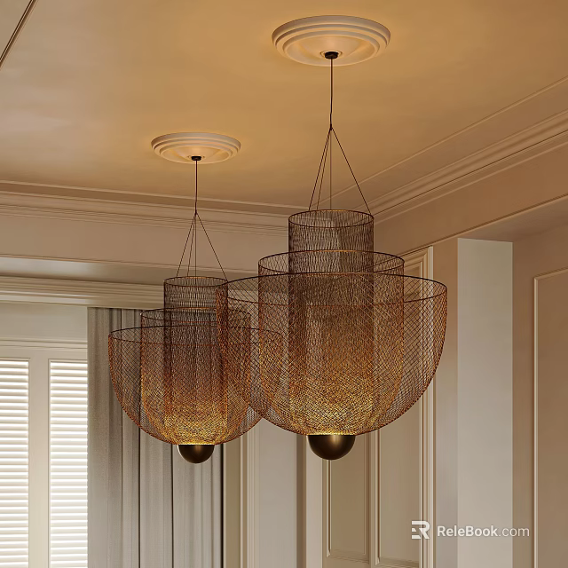 Two Woven Metal Cylindrical Bowl Chandeliers Ceiling Mounted In Indoor Dining Room 3d model 