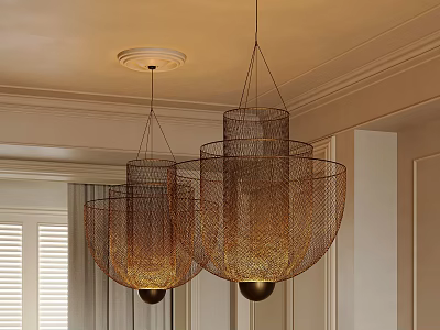 Two Woven Metal Cylindrical Bowl Chandeliers Ceiling Mounted In Indoor Dining Room 3d model