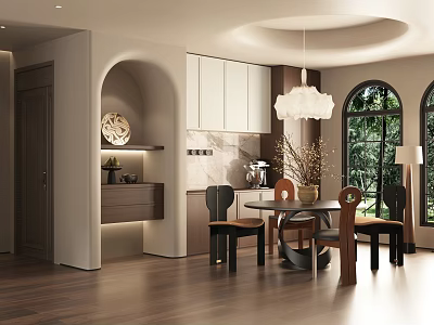 Middle Ancient Cream Style Restaurant Dining Table and Chair Chandelier Vase Flower Coffee Machine Jewelry Ornaments Chair Dining Chair French Window 3d model