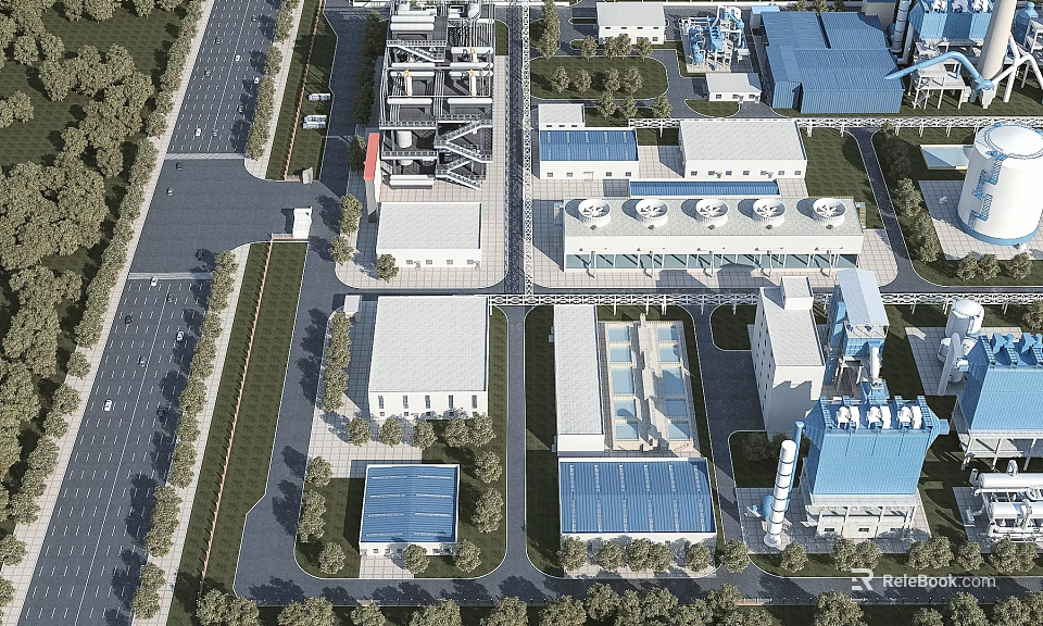 Aerial View of Industrial Plant with Multiple Buildings Blue Roofs Roads and Green Belts 3d model 
