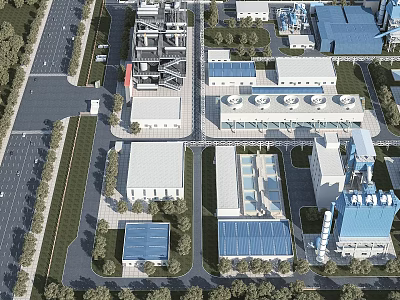 Aerial View of Industrial Plant with Multiple Buildings Blue Roofs Roads and Green Belts 3d model