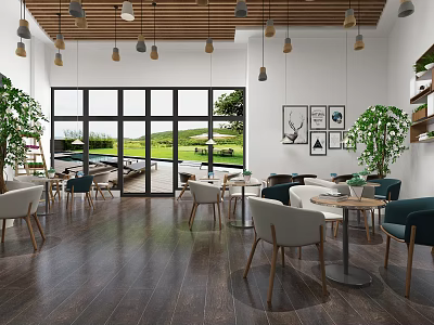 Cozy Dessert Shop Interior With Modern Design Green Plants Comfortable Seats And Large Windows 3d model