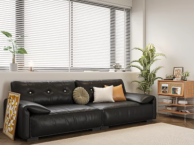 Black Leather Two Seater Sofa with Potted Plant and Bookshelf by Window Blinds 3d model