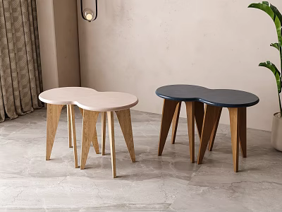 Two Pink and Blue Wooden Stools with Connected Round Seats and Wooden Legs 3d model