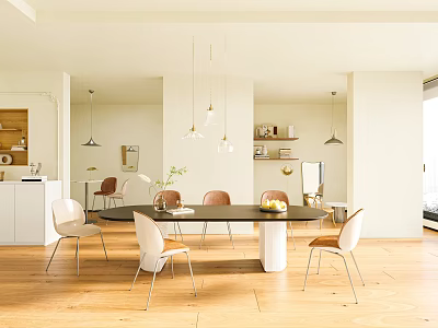 Modern Restaurant Interior With Open Layout Wooden Dining Table And Pendant Lights 3d model