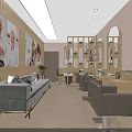 Contemporary Salon Interior Featuring Gray Sofa Orange Chairs Mirrors And Wall Paintings