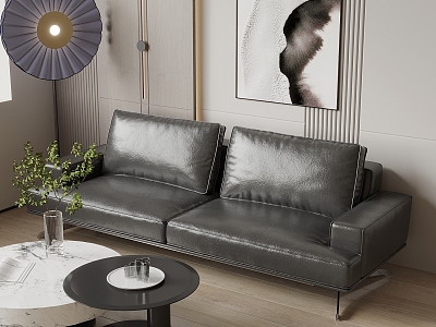 Leather Two-Seat Sofa Leather Two-Seat Sofa Floor Lamp Coffee Table Hanging Picture 3d model