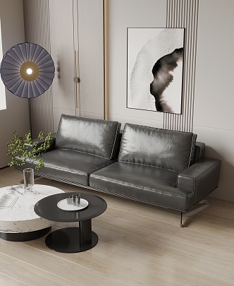 Leather Two-Seat Sofa Leather Two-Seat Sofa Floor Lamp Coffee Table Hanging Picture 3d model