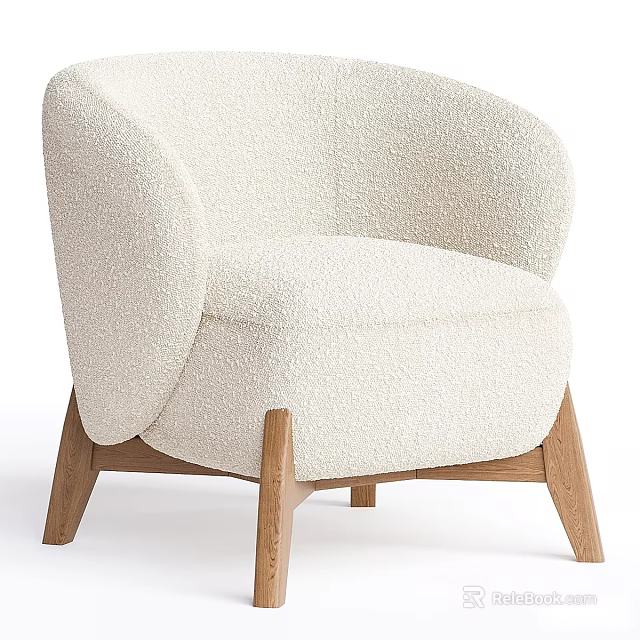Comfortable Cream Plush Fabric Single Sofa With Curved Arms And Wooden Legs 3d model 