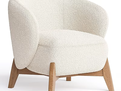 Comfortable Cream Plush Fabric Single Sofa With Curved Arms And Wooden Legs 3d model
