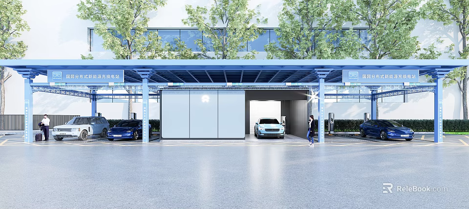 Modern Parking Entrance With Canopy Building Trees And Multiple Vehicles 3d model 