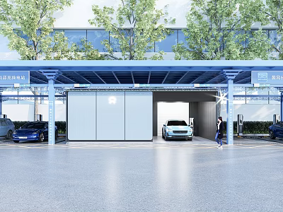 Modern Parking Entrance With Canopy Building Trees And Multiple Vehicles 3d model