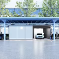Modern Parking Entrance With Canopy Building Trees And Multiple Vehicles 3d model