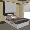 Modern Single Bed with Gray Mattress Wardrobe Shelf Blinds and Green Plant
