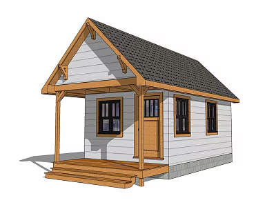 Charming Cottage Guesthouse Exterior With White Walls Black Roof Wooden Door And Porch Steps 3d model