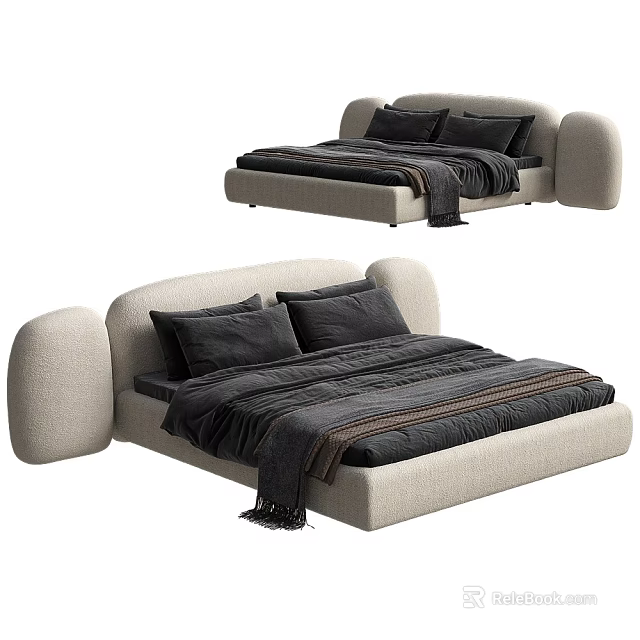 Modern Rounded Double Bed With Light Upholstered Frame And Dark Bedding 3d model