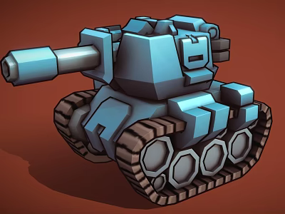 Blue 3D Block Style Cartoon Tank With Tracks And Cannon 3d model