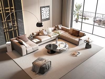 Modern Living Room Sofa And Coffee Table Set With Beige Sectional Pillows And Area Rug 3d model