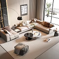 Modern Living Room Sofa And Coffee Table Set With Beige Sectional Pillows And Area Rug