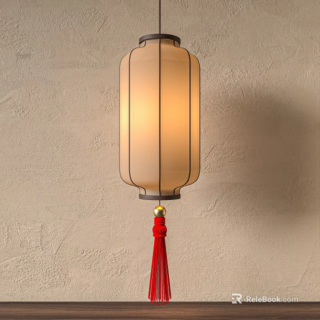 Traditional Chinese Lantern Shaped Chandelier With Cream Shade And Red Tassel On Beige Wall 3d model 