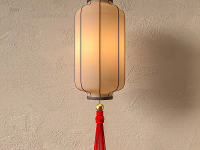 Traditional Chinese Lantern Shaped Chandelier With Cream Shade And Red Tassel On Beige Wall 3d model