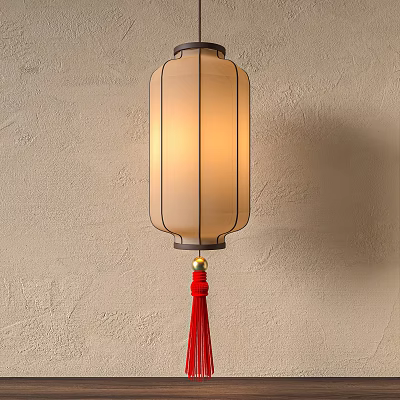 Traditional Chinese Lantern Shaped Chandelier With Cream Shade And Red Tassel On Beige Wall 3d model
