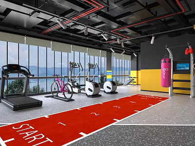 Modern Fitness Studio With Treadmills Exercise Bikes Red Running Track And Large Windows 3d model