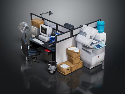 Office Furniture In Cubicle With Desk Chair Cabinet Printer Water Dispenser And Boxes 3d model