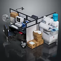 Office Furniture In Cubicle With Desk Chair Cabinet Printer Water Dispenser And Boxes
