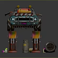 Turquoise Modified Car On Repair Lift With Yellow Engine Parts And Mechanical Tools