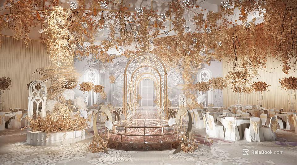 Luxurious Banquet Hall With Golden Floral Decor Ornate Archway White Tables and Chairs Marble Floor 3d model 