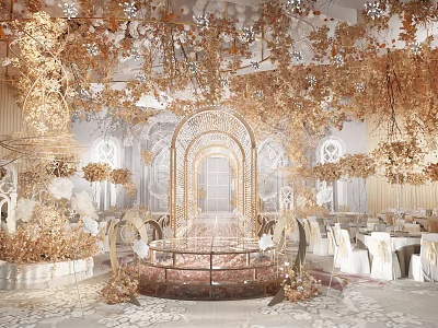 Luxurious Banquet Hall With Golden Floral Decor Ornate Archway White Tables and Chairs Marble Floor 3d model