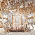 Luxurious Banquet Hall With Golden Floral Decor Ornate Archway White Tables and Chairs Marble Floor