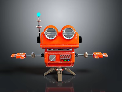 Orange Robot Figure With Large Round Eyes Blue Light Antenna Extended Arms And Metal Legs 3d model
