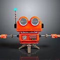 Orange Robot Figure With Large Round Eyes Blue Light Antenna Extended Arms And Metal Legs