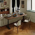 Stylish Home Office Desk With Laptop Coffee Cup Table Lamp Chairs And Bookshelf
