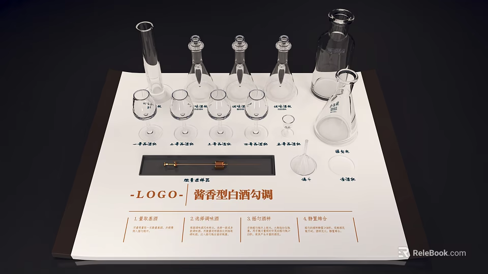 Sauce Aroma Baijiu Blending Glassware Set with Flasks Beakers on Display Board 3d model 