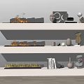Stylish Decorative Ornament Combinations With Vases Sculptures On White Shelves And Flame Decorations