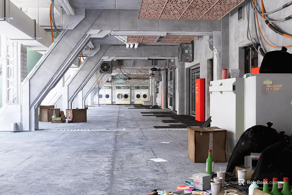 Industrial Workshop Interior Featuring Concrete Structures Exposed Pipes Boxes And Equipment 3d model 