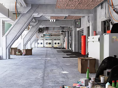 Industrial Workshop Interior Featuring Concrete Structures Exposed Pipes Boxes And Equipment 3d model