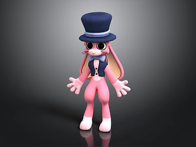 Pink Rabbit Character With Large Eyes Blue Top Hat And Vest Standing In Black Background 3d model