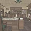 Vintage Office Interior With Wooden Bookshelves Fireplace Chandelier Desk Chair And Area Rug