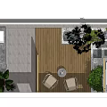 Rooftop Garden With Golden Lattice Screen Wicker Chairs Rattan Table And Wooden Deck