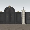 Elegant Black Wrought Iron Entrance Gate With Arched Design And Stone Pillar Lamps