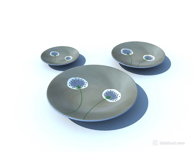 Three Piece Gray Dinner Plate Set With Blue Flower Decorative Pattern For Dining 3d model 